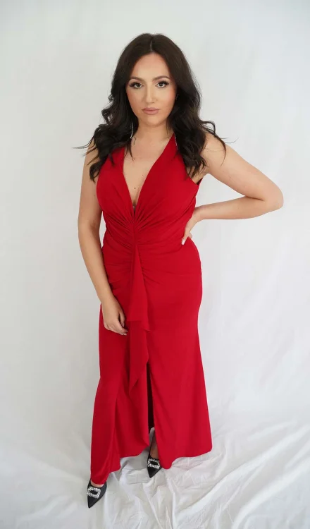 Forever Unique dugacka crvena haljina sa prorezom
