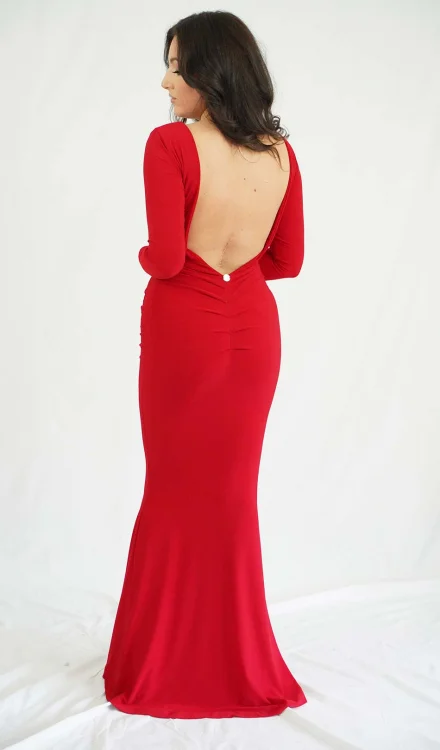Ivana Juric Design dugacka crvena haljina otvorena ledja dugi rukav